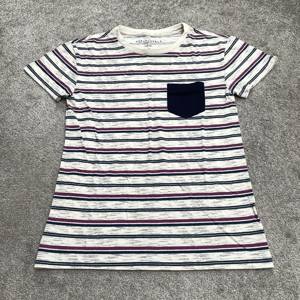 Aeropostale Striped Crew Neck T-Shirt Mens XS Multicolor Short Sleeve Pocket Tee